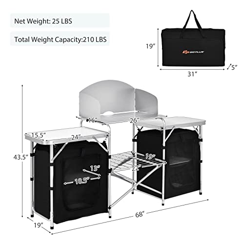 Goplus Folding Camping Kitchen Table with Storage, Aluminum Portable Outdoor Cooking Table with Windscreen, Foldable Camp Table Cook Station for BBQ, Grill, Party, Picnics, 68D x 19W x 43.5H in, Black