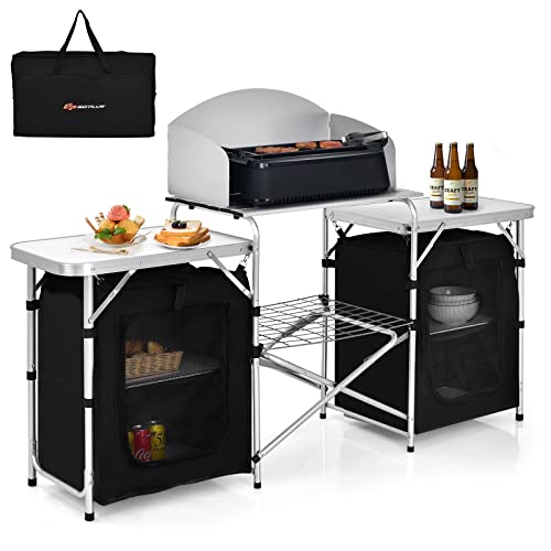 Goplus Folding Camping Kitchen Table with Storage, Aluminum Portable Outdoor Cooking Table with Windscreen, Foldable Camp Table Cook Station for BBQ, Grill, Party, Picnics, 68D x 19W x 43.5H in, Black