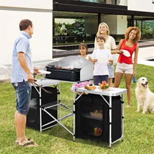 Goplus Folding Camping Kitchen Table with Storage, Aluminum Portable Outdoor Cooking Table with Windscreen, Foldable Camp Table Cook Station for BBQ, Grill, Party, Picnics, 68D x 19W x 43.5H in, Black