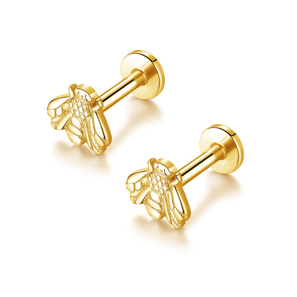 Top Honeybee Cartilage Stud Earrings Stainless Steel Tiny Bee Flat Back Screw Lip Tongue Piercing Barbell Labret Studs Cute Jewelry Gifts for Women Men Unisex Hypoallergenic (Gold)