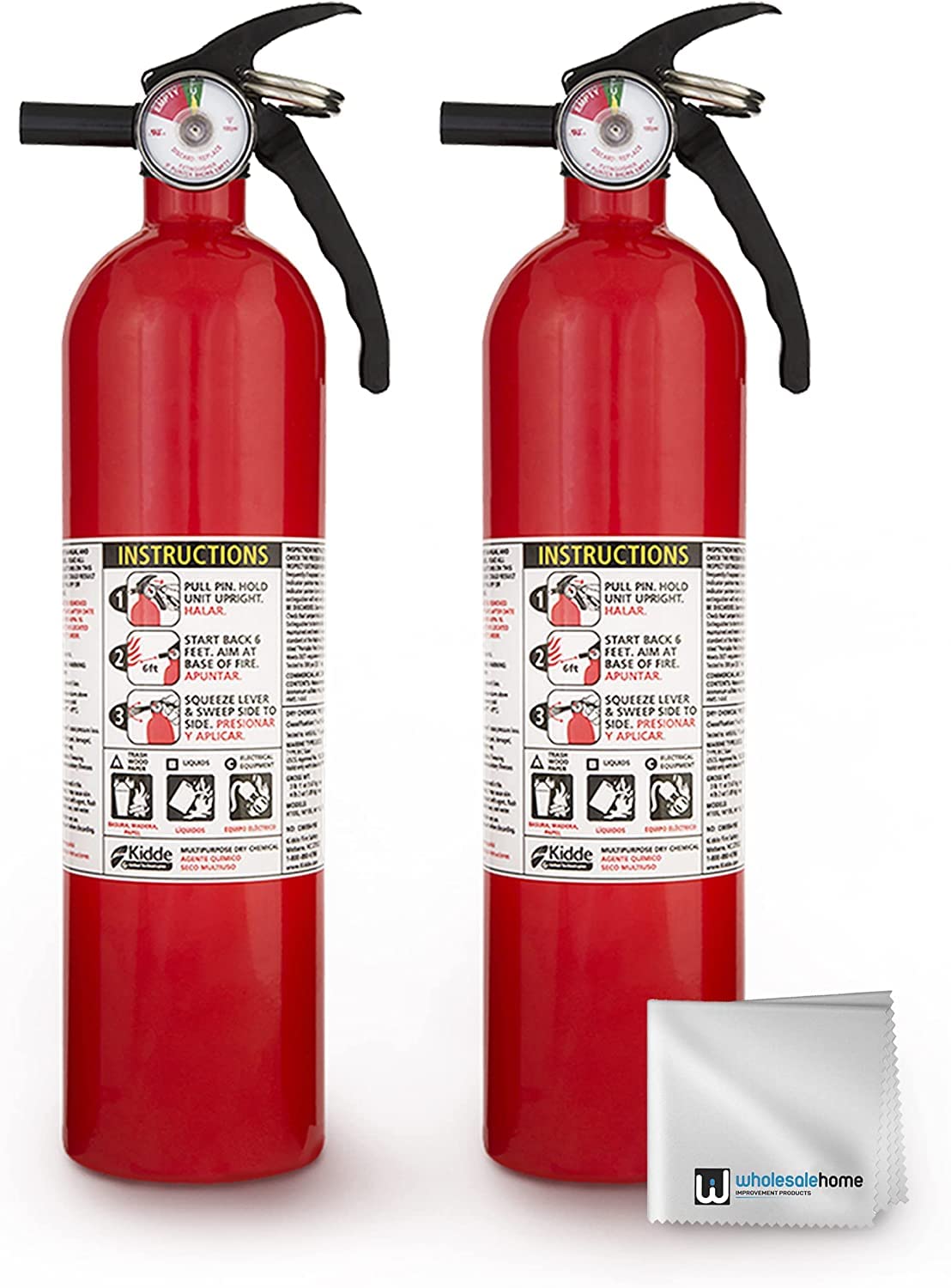 Kidde FA110 Multipurpose Fire Extinguishers 2 Pack - Red, (Rating 1-A:10-B:C) Includes Wholesalehome Cleaning Cloth