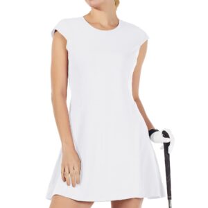 Amoy Women’s Tennis Dress with Built in Shorts UPF 50+ Cap Sleeve Exercise Dresses for Athletic Workout White L