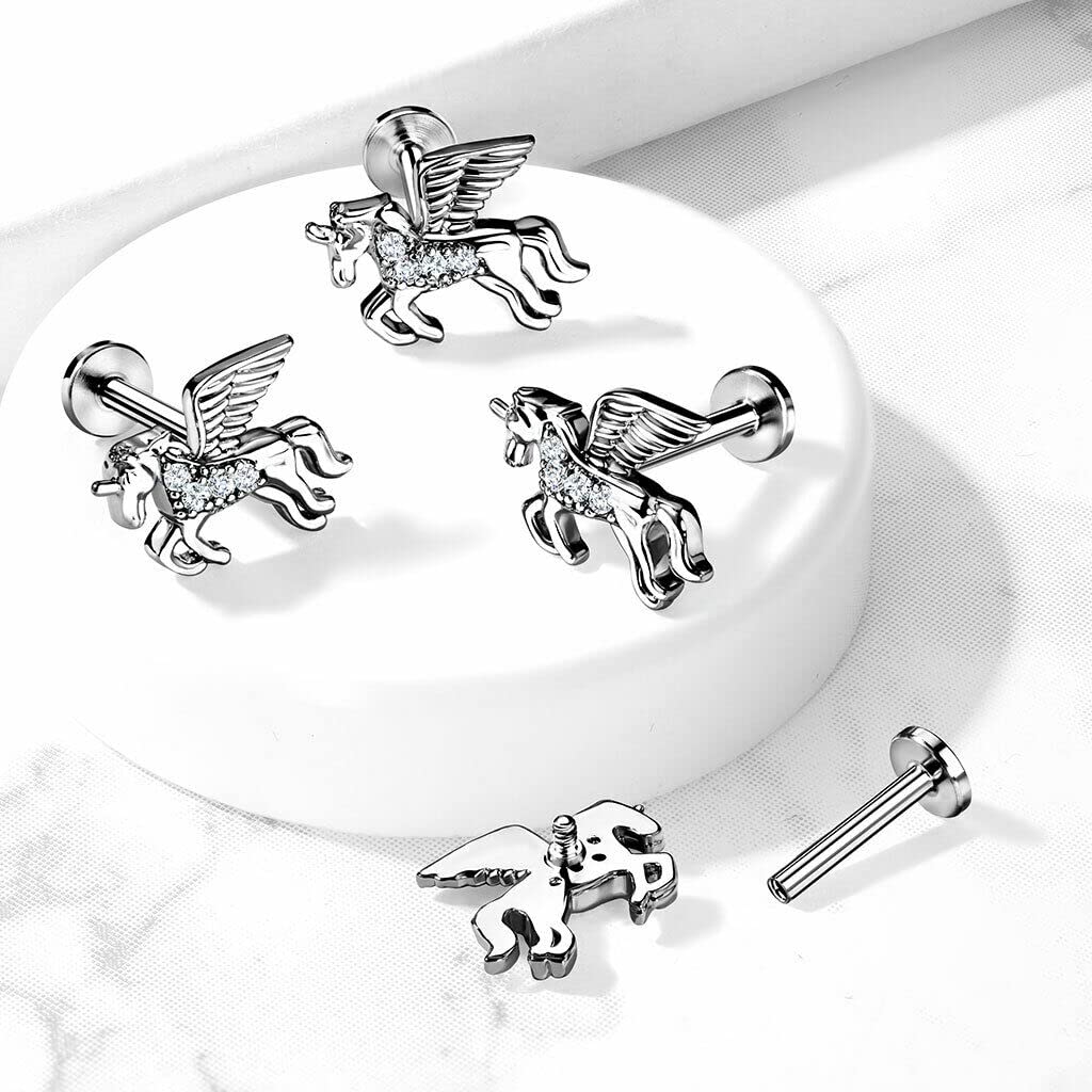 CZ Paved Unicorn Internal Thread Surgical Steel Tragus Labret Cartilage 16G 8mm