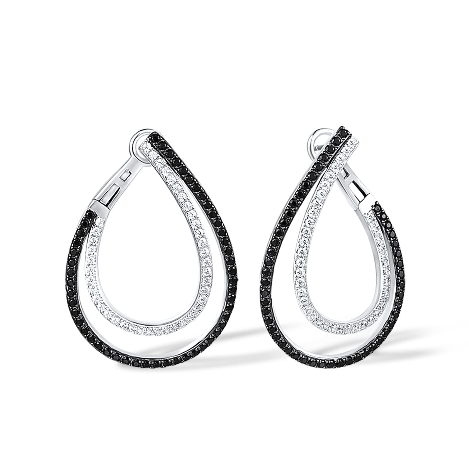 Santuzza 925 Sterling Silver Double Hoop Earrings Black spinel Cubic Zirconia Stud Earrings for Women