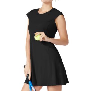 ChinFun Tennis Golf Dresses for Women, Tennis Golf Dress with Shorts Underneath and 4 Pockets UPF 50+ Cap Sleeve Workout Athletic Exercise Dress Black M