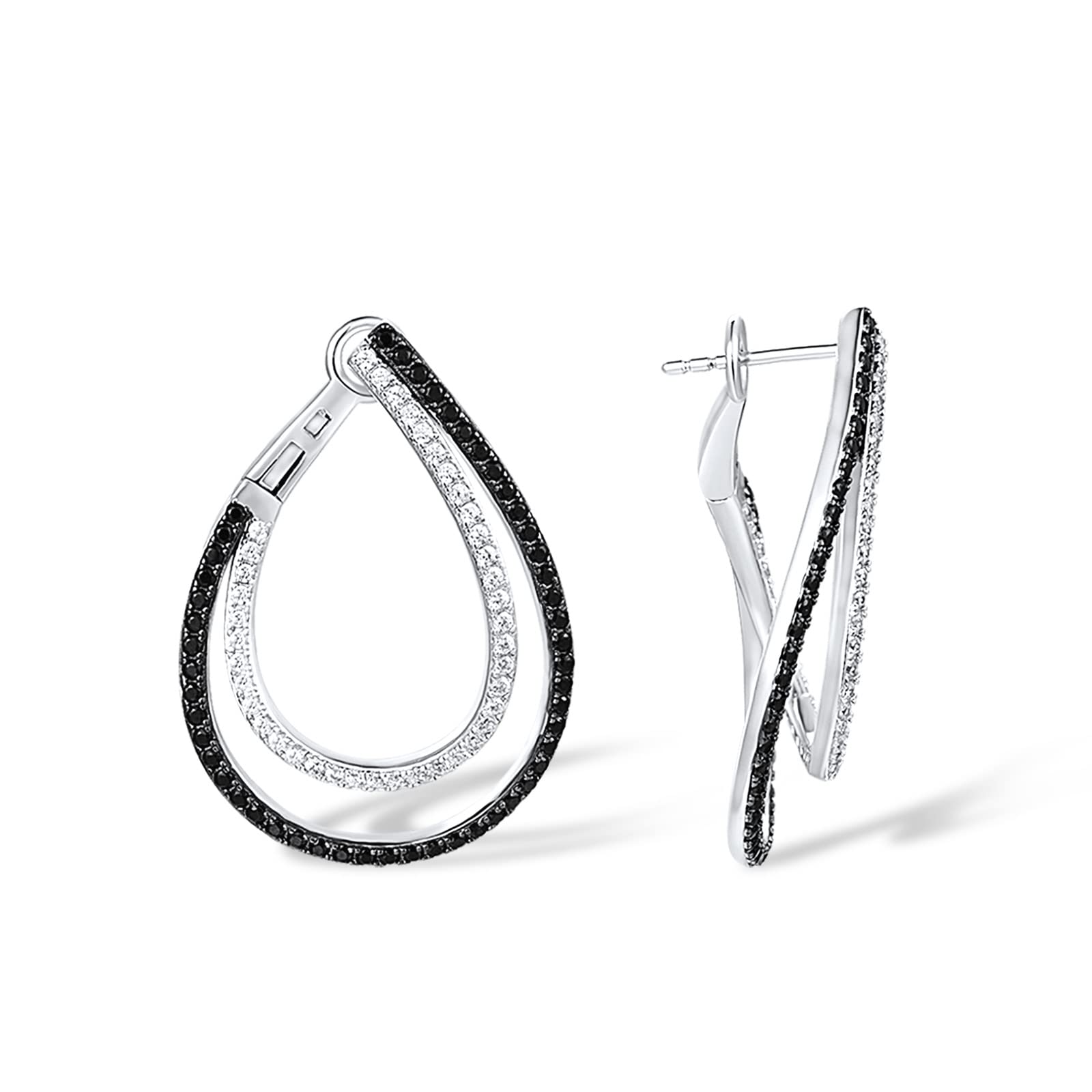 Santuzza 925 Sterling Silver Double Hoop Earrings Black spinel Cubic Zirconia Stud Earrings for Women