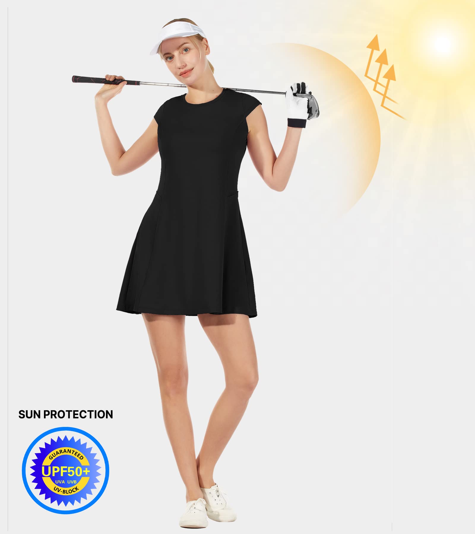 ChinFun Tennis Golf Dresses for Women, Tennis Golf Dress with Shorts Underneath and 4 Pockets UPF 50+ Cap Sleeve Workout Athletic Exercise Dress Black M