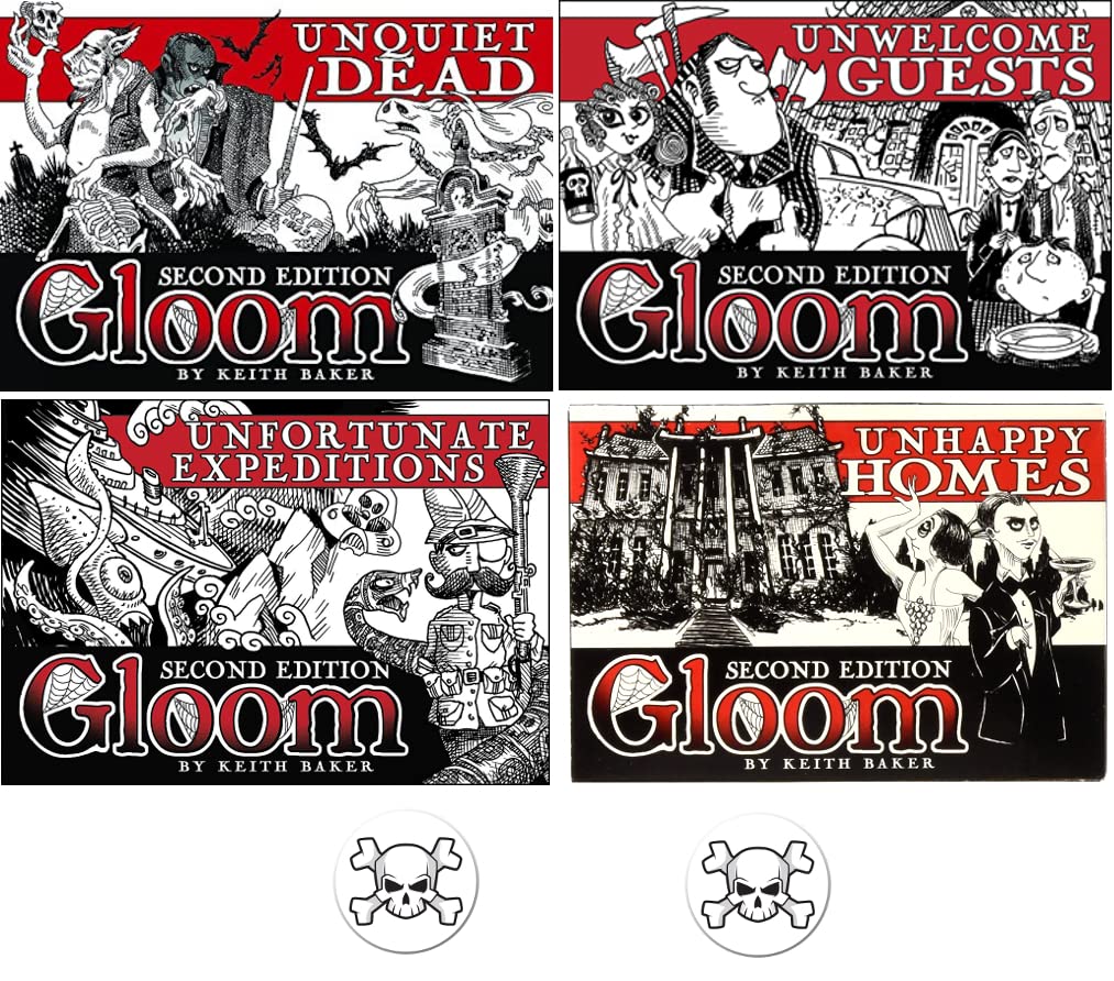 AMA Gloom Bundle of All 4 Expansions for The Second Edition of The Card Game Plus a Skull Button