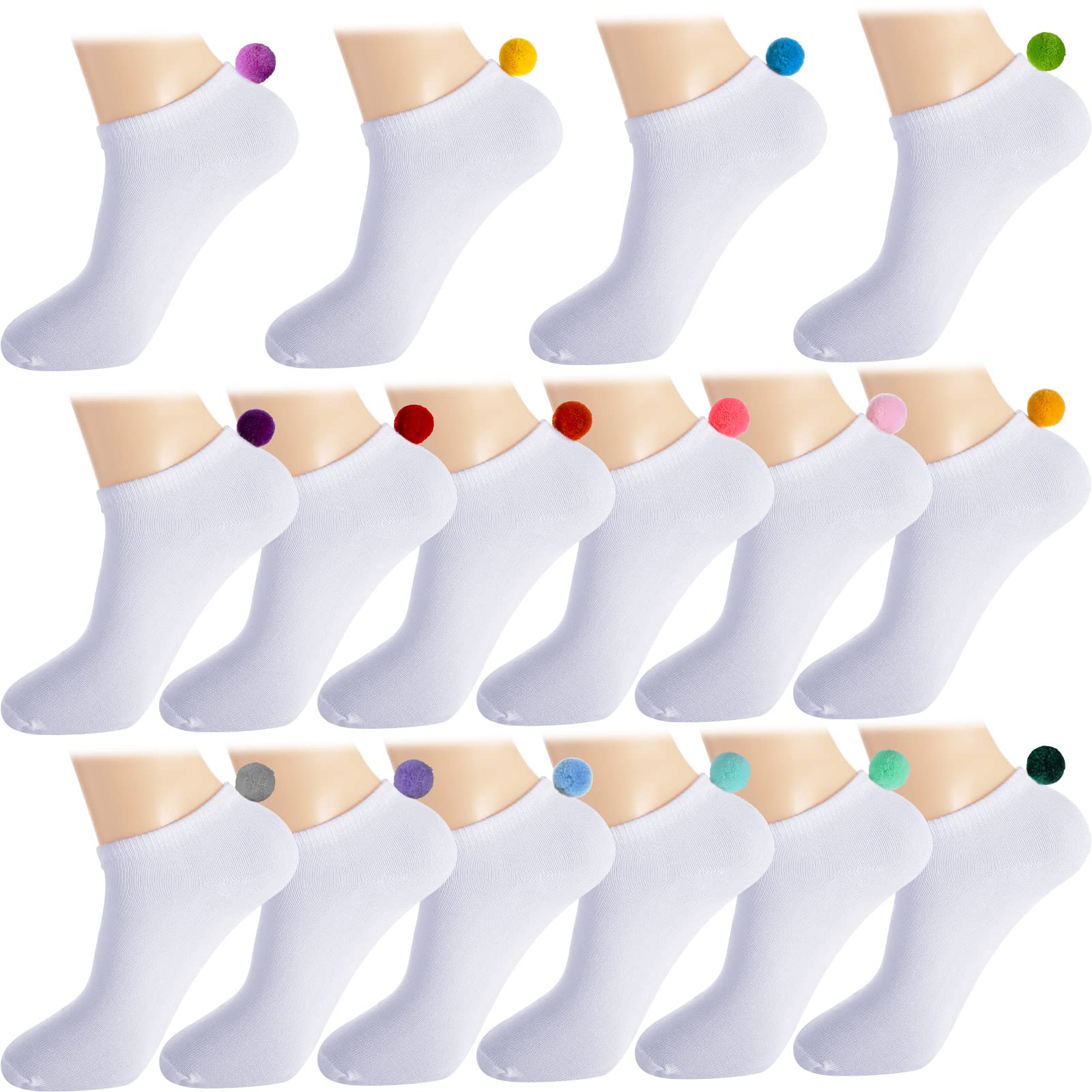 SATINIOR 16 Pairs Women Pom Pom Socks with Balls on The Back Ankle Lowcut Socks Seamless Socks for Men Women(White)