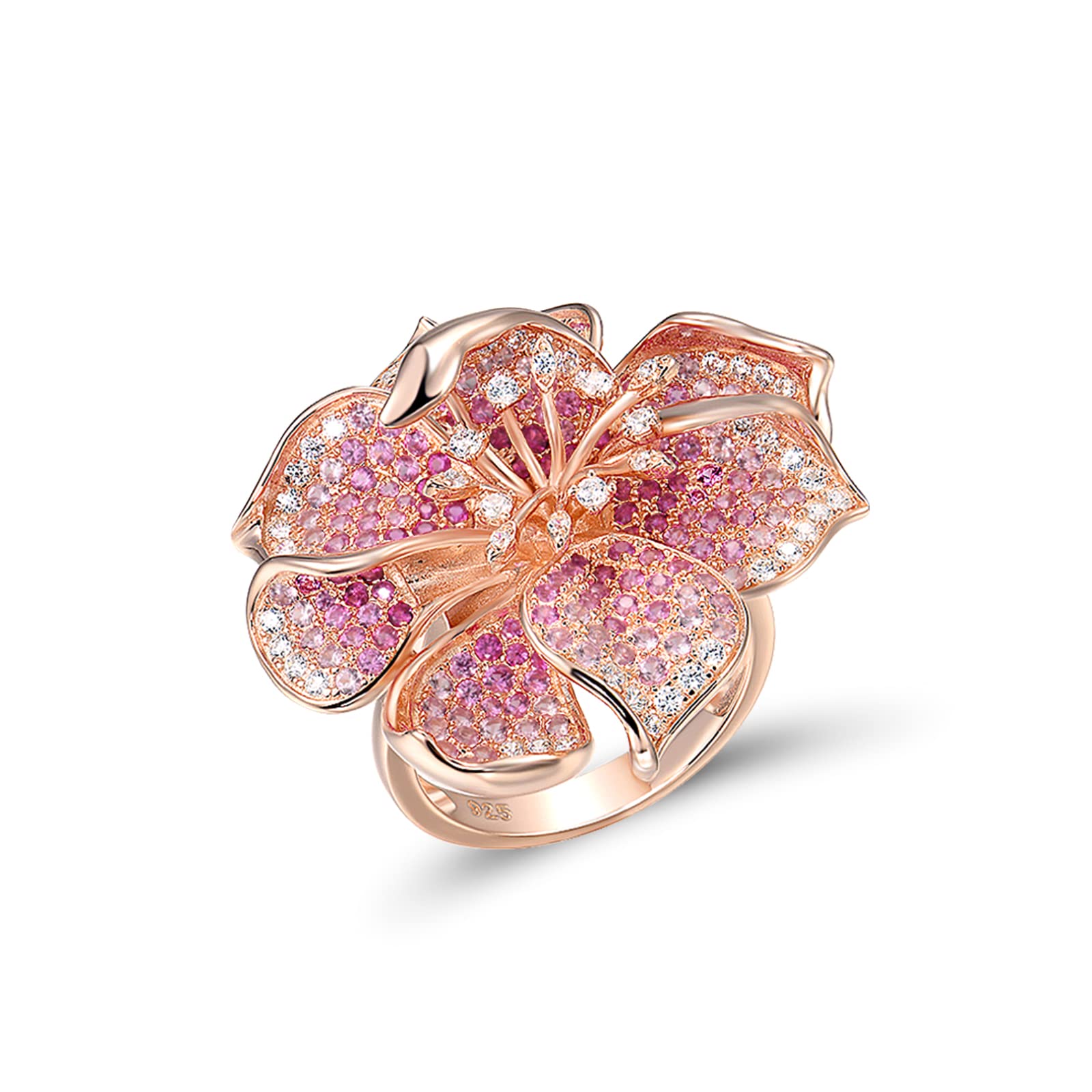 Santuzza 925 Sterling Silver Flower Ring Pink Sapphire Cubic Zirconia Blossom Hibiscus Ring for Women (7)