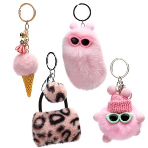 qiiuuy 4 pieces cute keychain fluffy faux rabbit fur kawaii keyring for girls womens bag carkeychain