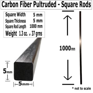 KARBXON – Square Carbon Fiber Rod - 5mm x 1000mm – Pultruded Square Solid Rod - Black Matte Finish - Pure Solid Carbon Fibre Square Tube shafts - for RC Planes-Drones, Boat DIY Craft Projects