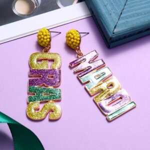 XOCARTIGE Mardi Gras Earrings Beaded Mask Letter MARDI GRAS Dangle Earrings for Women Crown Carnival Drop Earrings Holiday Jewelry Gifts (Letter)