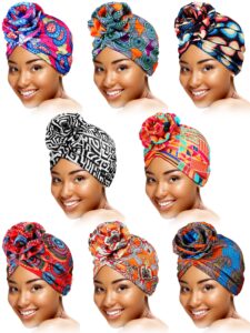 satinior 8 pieces turbans african pattern knot headwrap bohemian print pre tied flower knot bonnet hat for women girls (vivid style), one size multicoloured