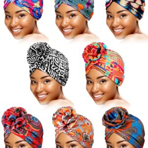 SATINIOR 8 Pieces Turbans African Pattern Knot Headwrap Bohemian Print Pre Tied Flower Knot Bonnet Hat for Women Girls (Vivid Style), One Size Multicoloured