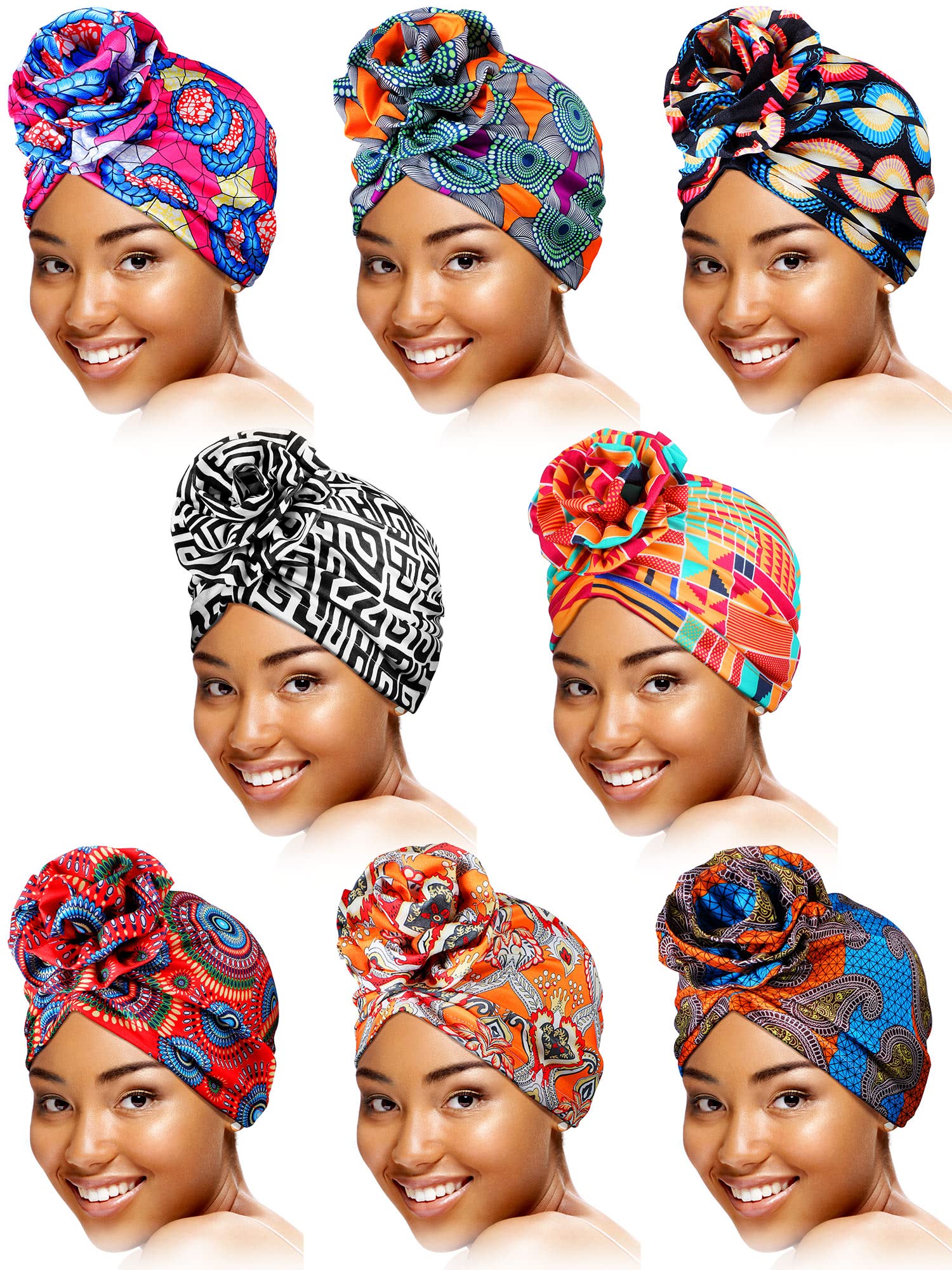 SATINIOR 8 Pieces Turbans African Pattern Knot Headwrap Bohemian Print Pre Tied Flower Knot Bonnet Hat for Women Girls (Vivid Style), One Size Multicoloured