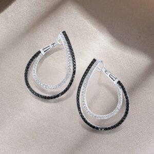 Santuzza 925 Sterling Silver Double Hoop Earrings Black spinel Cubic Zirconia Stud Earrings for Women