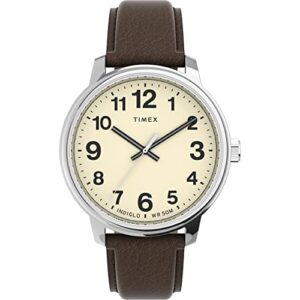 timex men's easy reader bold 43mm watch – silver-tone case cream dial with brown leather strap