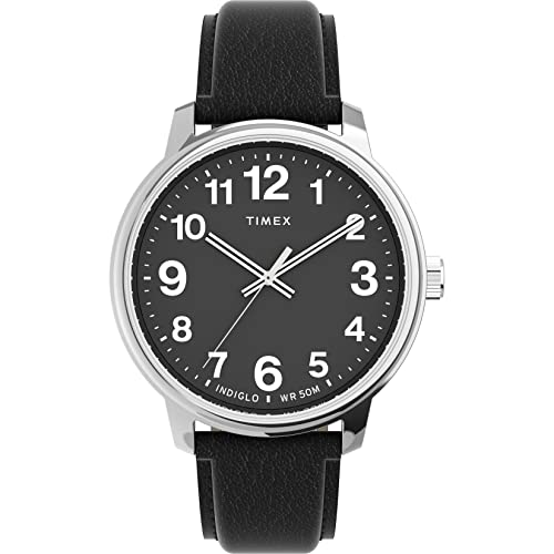 Timex Men's Easy Reader Bold 43mm Watch – Silver-Tone Case Black Dial with Black Leather Strap