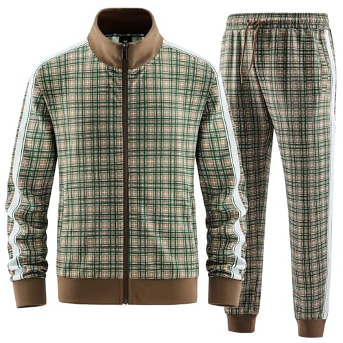 W JIANWANG Track Suits for Men Set Jogging Tracksuit Mens Sweatsuits 2 Piece Sport Plaid Jogger Sweat Suits Sports Clothes Jackets and Pants Two-piece Outfits Green JW-2601-XL