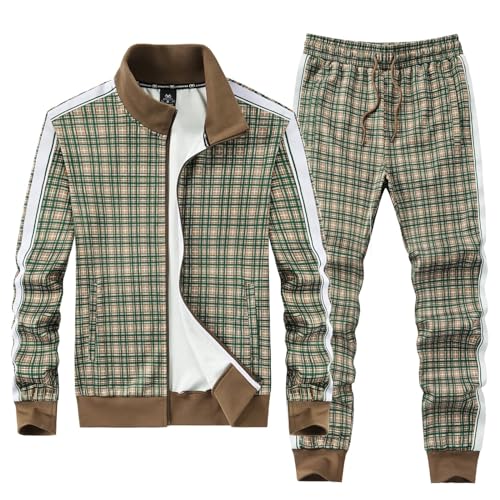 W JIANWANG Track Suits for Men Set Jogging Tracksuit Mens Sweatsuits 2 Piece Sport Plaid Jogger Sweat Suits Sports Clothes Jackets and Pants Two-piece Outfits Green JW-2601-XL