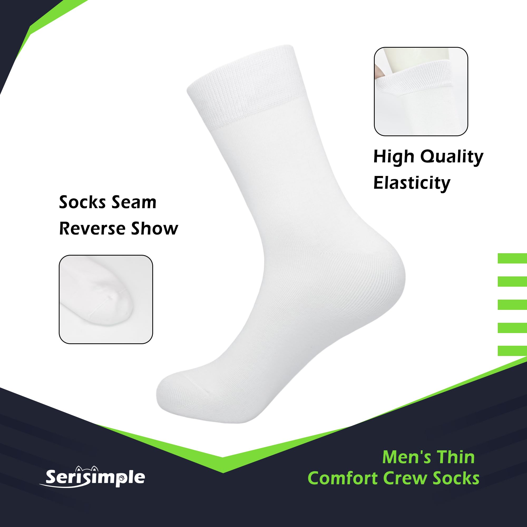 SERISIMPLE Viscose Bamboo Dress Men Sock Thin Soft Crew Anti Odor Lightweight Sock Breathable Comfort Cool soft Sock 5 Pairs (US, Alpha, Large, Regular, Regular, White)