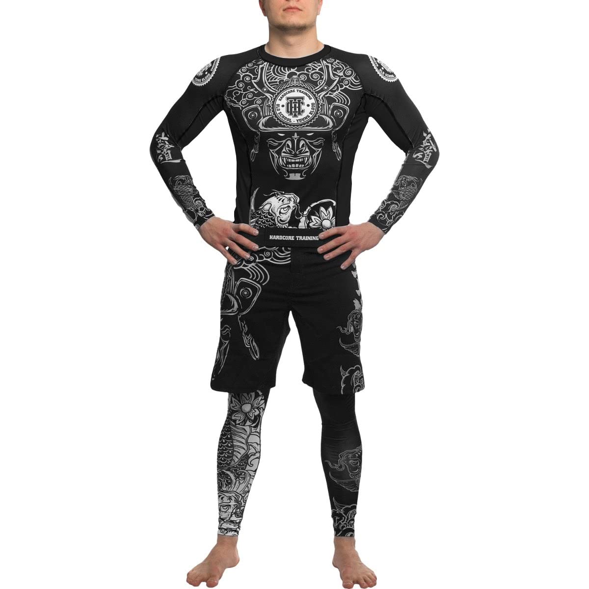 Hardcore Training Koi Men's Rash Guard Compression Long Sleeve Jiu Jitsu MMA No-Gi Tight BJJ Grappling Base Layer Combat Black/Black