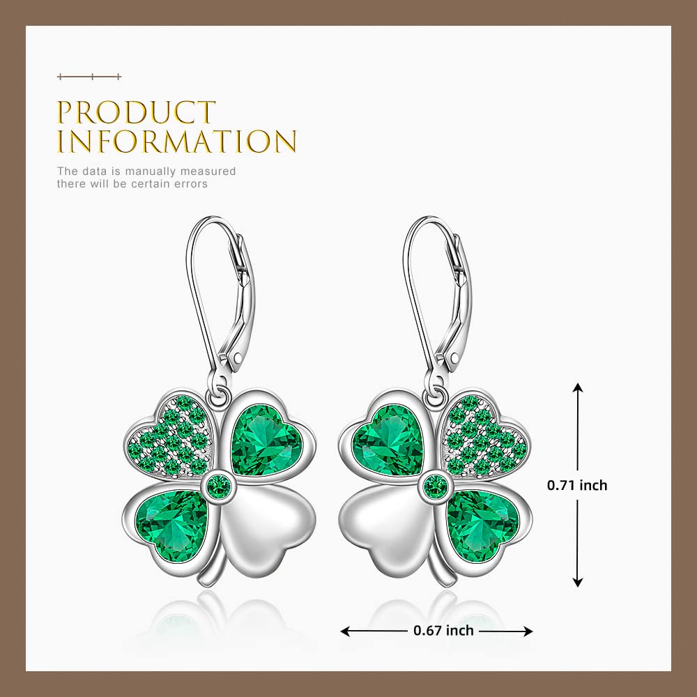 St Patricks Day Shamrock Earrings for Women Sterling Silver Four Leaf Clover Earrings Green Heart Cubic Zirconia Valentine Mothers Day Irish Shamrock Gifts