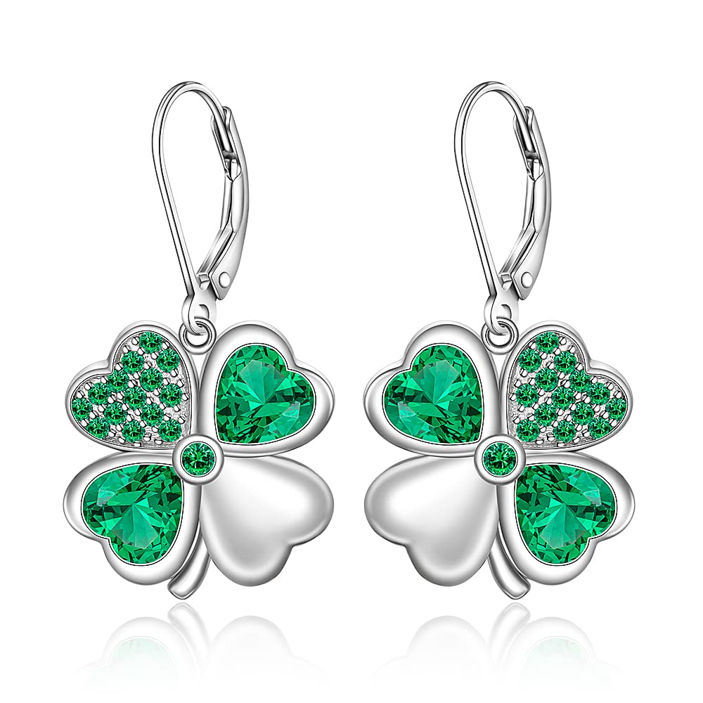 St Patricks Day Shamrock Earrings for Women Sterling Silver Four Leaf Clover Earrings Green Heart Cubic Zirconia Valentine Mothers Day Irish Shamrock Gifts