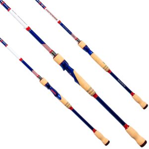 defender spinning rod, 7'3" rod length, american flag design to show country pride, spinning rod, one piece rod, cork handles