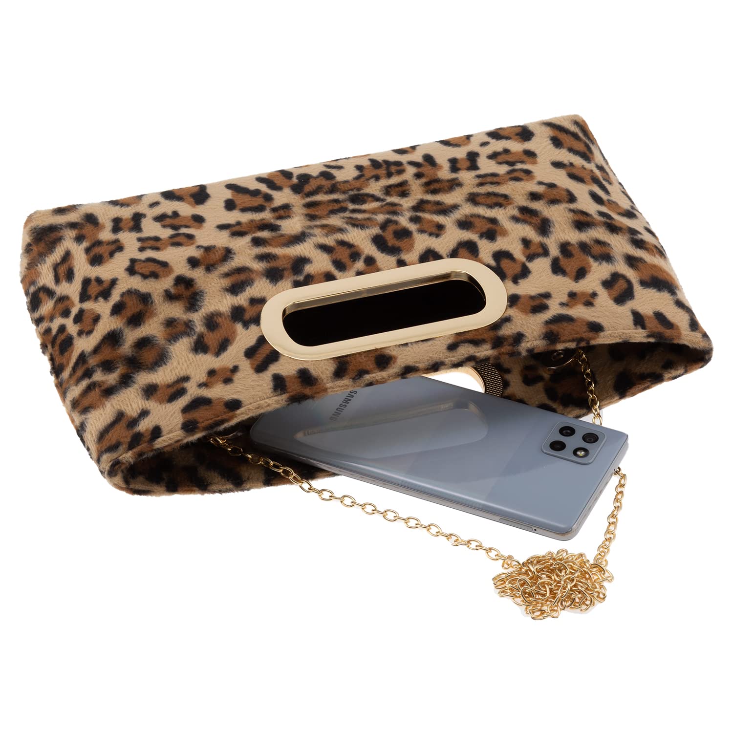 Leopard Print Faux Fur Top Handle Clutch, Mustard