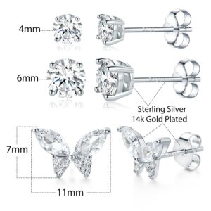 TIKJE 925 Sterling Silver 3 Pairs Stud Earrings Sets 14K White Gold Plated Butterfly Round 4mm 6mm Earrings Stud for Women (Nickel Free)