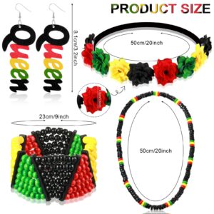 Jexine 4 Pieces Multicolor Beaded Jamaican Bracelet Wood Dangle Pierced Earrings Floral Flower Crown Stretch Headband Rasta Beads Necklace