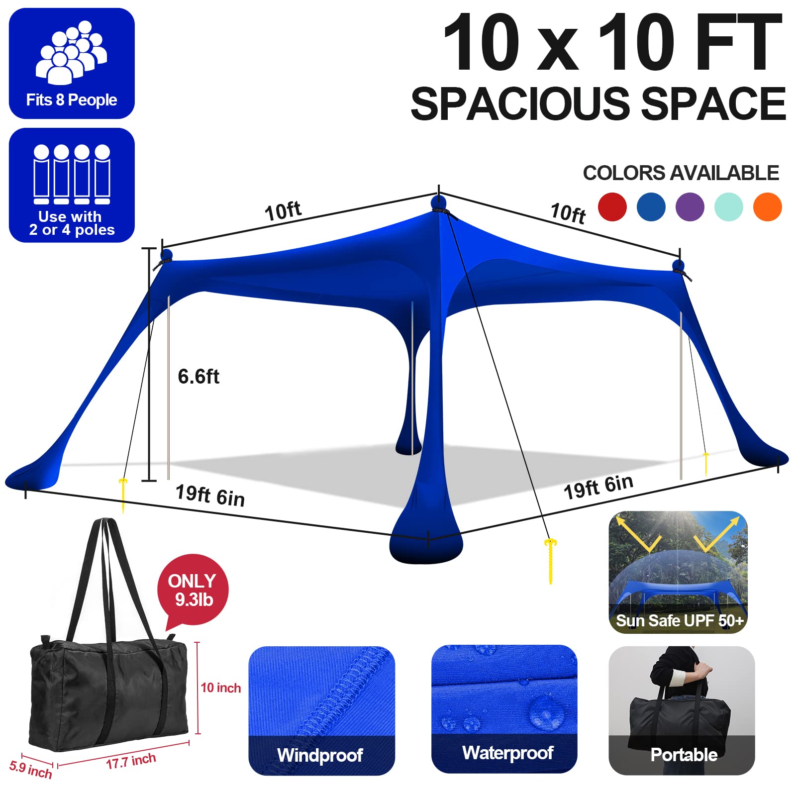 Buheco Beach Tent Pop Up Shade 10x10ft Beach Canopy Sun Shelter UPF50+ with 4 Foldable Poles-Portable Carrying Bag-Sand Shovel-Ground Pegs-Windproof Ropes for Outdoor Family Camping-Fishing- Picnic