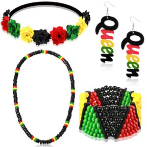 jexine 4 pieces multicolor beaded jamaican bracelet wood dangle pierced earrings floral flower crown stretch headband rasta beads necklace