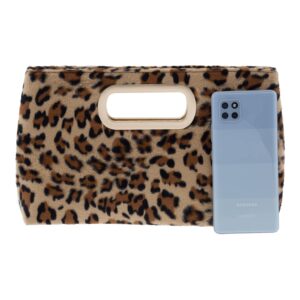 Leopard Print Faux Fur Top Handle Clutch, Mustard