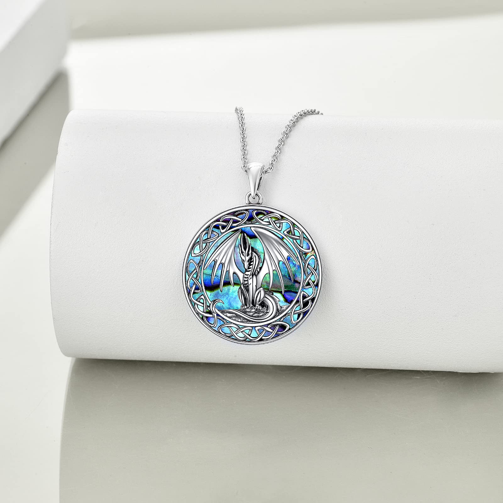 LUHE Dragon Necklace for Women Gifts Jewelry Sterling Silver Abalone Shell Irish Celtic Knot Dragon Pendant Necklace