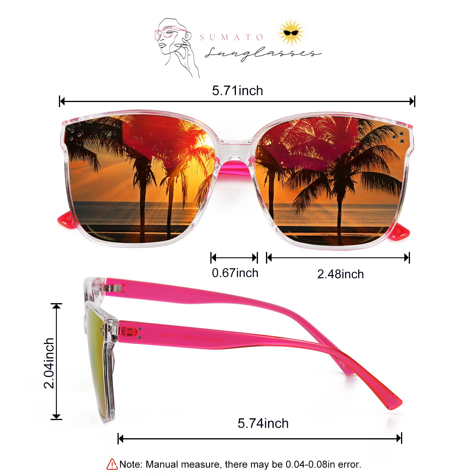 Sumato Sunglasses Womens, Oversized Pink Sunglasses for Women with Mirrored Trendy Lens UV400 Blocking