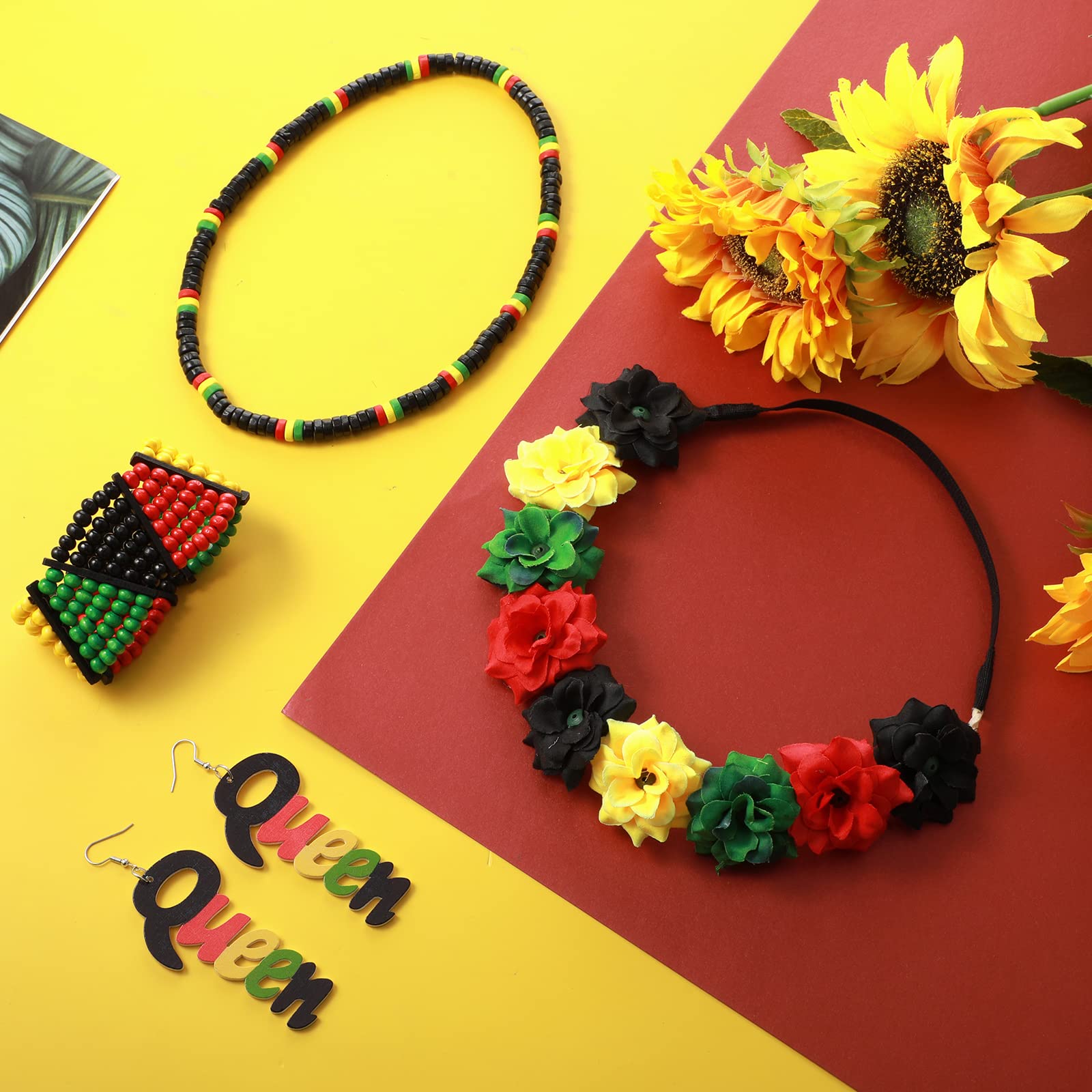 Jexine 4 Pieces Multicolor Beaded Jamaican Bracelet Wood Dangle Pierced Earrings Floral Flower Crown Stretch Headband Rasta Beads Necklace