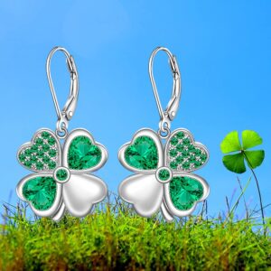 St Patricks Day Shamrock Earrings for Women Sterling Silver Four Leaf Clover Earrings Green Heart Cubic Zirconia Valentine Mothers Day Irish Shamrock Gifts