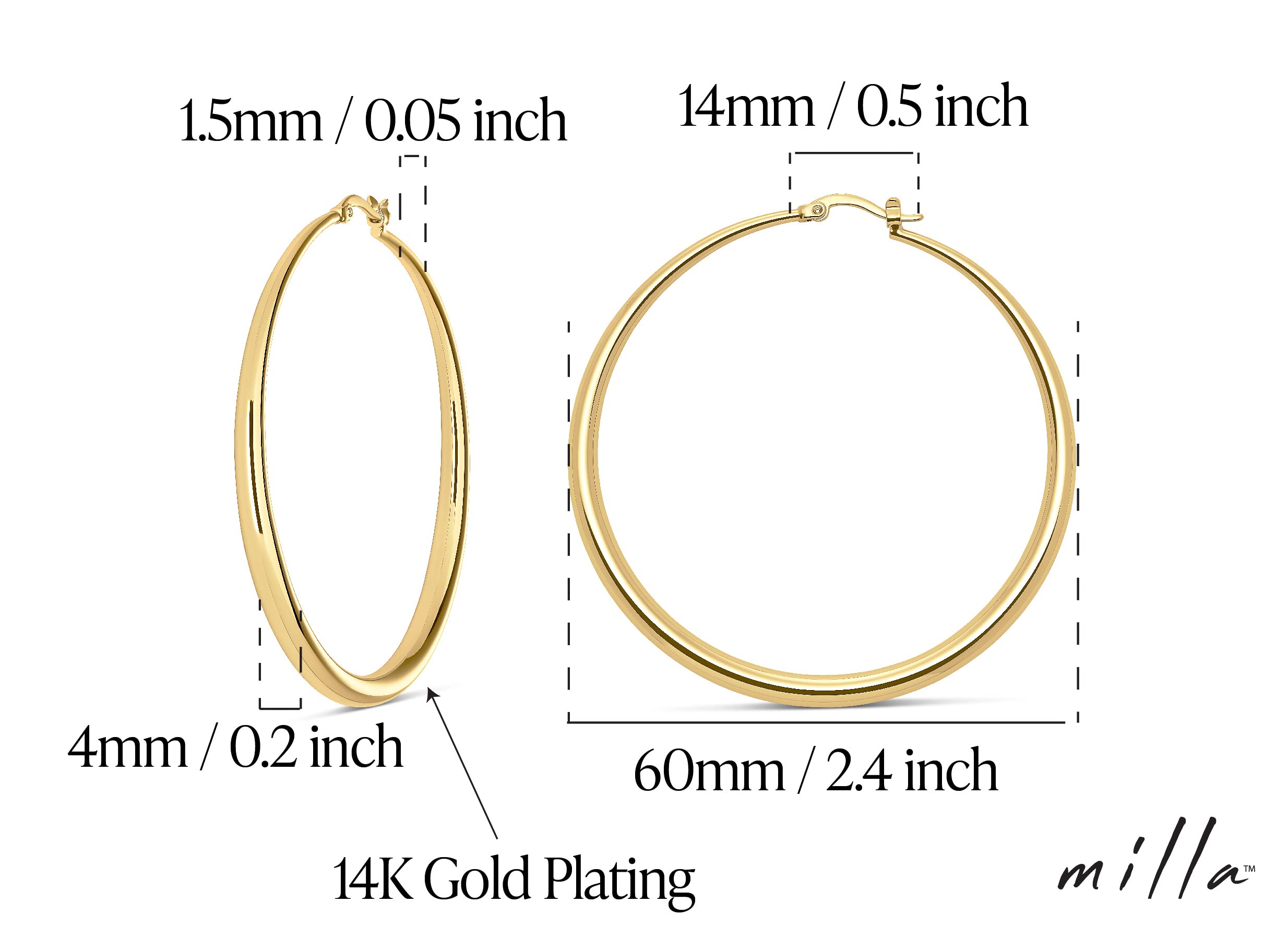 MILLA 14K Gold Hoop Earrings For Women, Silver Hoop Earrings & Rose Gold Earrings with Graduated Curvature (14K Gold Plated/Medium - 2.4 in)