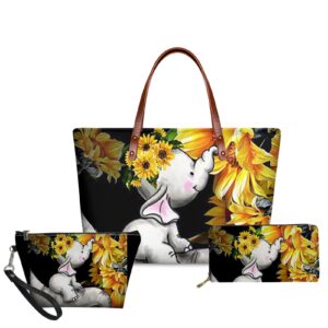 FKELYI 3pcs/set Womens Yellow Sunflower Elephant Handbags Set with Long Wallets Cosmetic Case,Floral Decor Large Top-Handle Bags for Travel