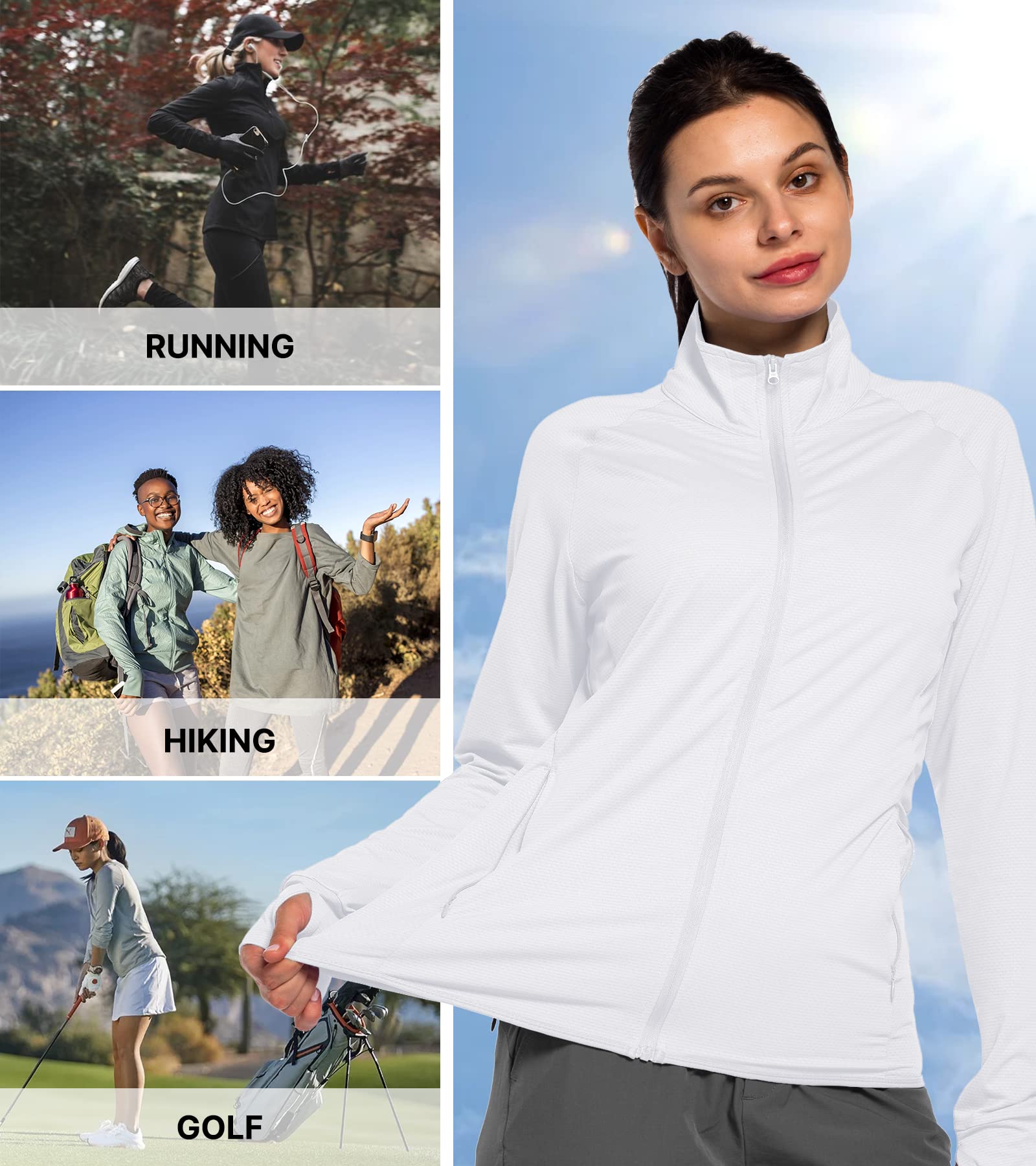 Women UPF 50+ UV Sun Protection Shirt Long Sleeve Golf Light Jacket SPF Hiking Running Shirts with Zip Pockets White XXL