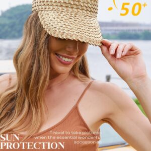 Straw Visors for Women, Visors for Women Wide Brim, Beach Hats for Women Foldable, Hand Woven Sun Hats for Women (Smoky)