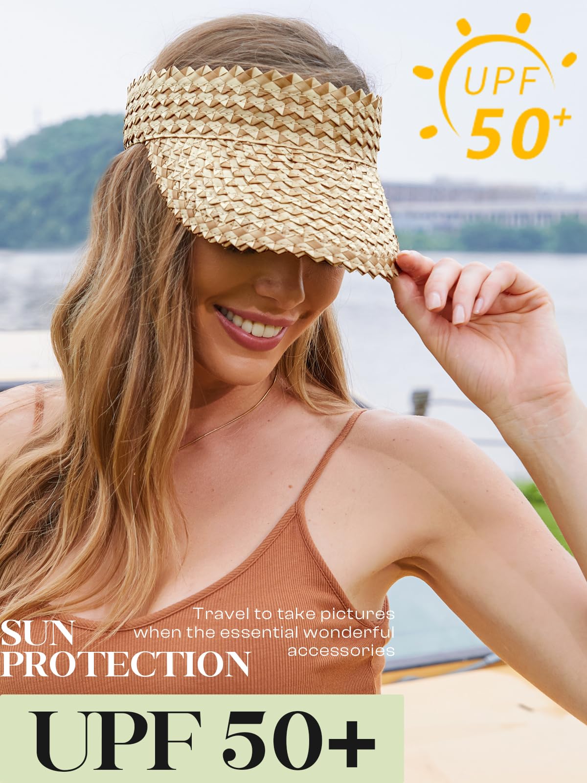 Straw Visors for Women, Visors for Women Wide Brim, Beach Hats for Women Foldable, Hand Woven Sun Hats for Women (Smoky)