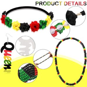 Jexine 4 Pieces Multicolor Beaded Jamaican Bracelet Wood Dangle Pierced Earrings Floral Flower Crown Stretch Headband Rasta Beads Necklace