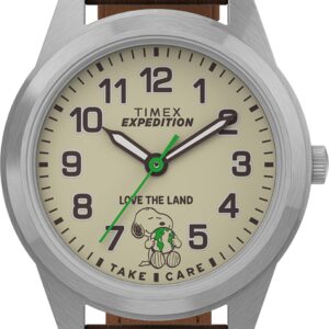 Timex x Peanuts Expedition Scout 40mm Watch – Take Care of The Earth Silver-Tone Case Natural Dial with Brown Ecco DriTan Leather Strap