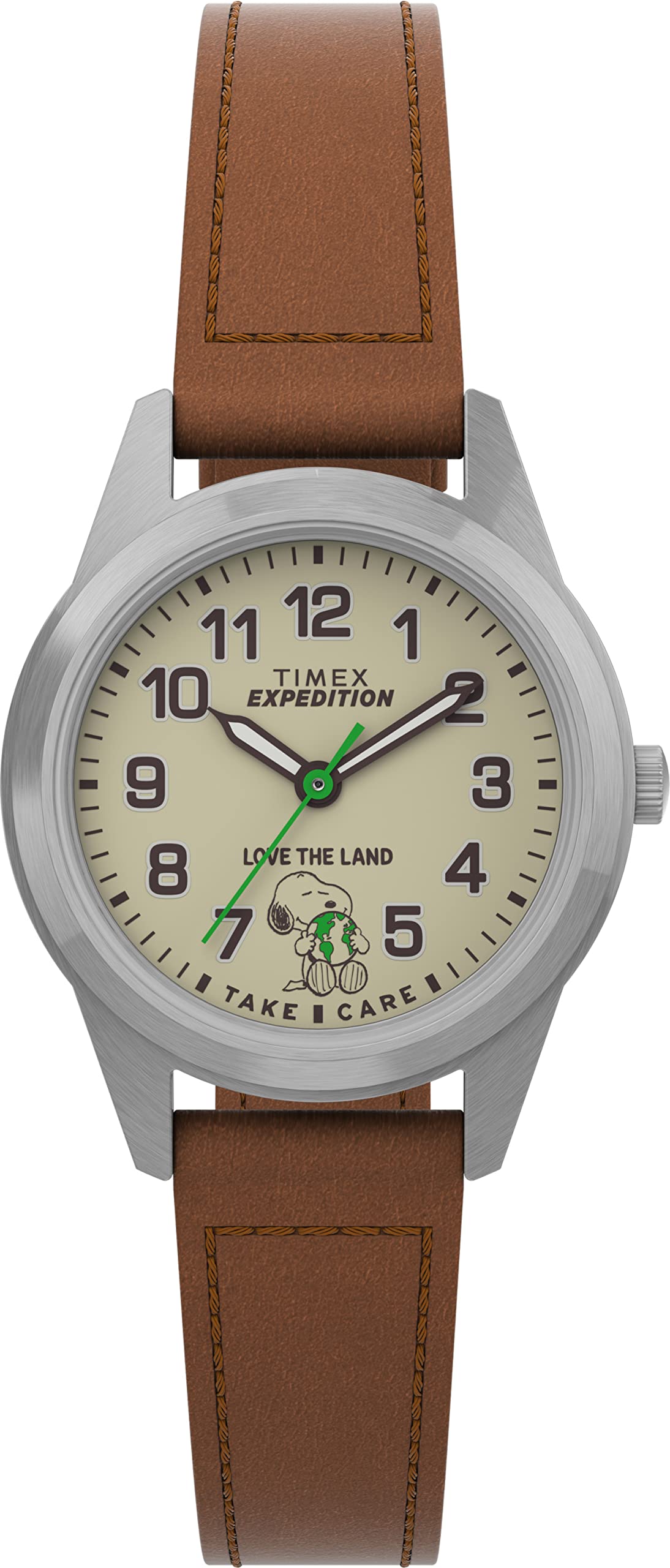 Timex x Peanuts Expedition Scout 40mm Watch – Take Care of The Earth Silver-Tone Case Natural Dial with Brown Ecco DriTan Leather Strap