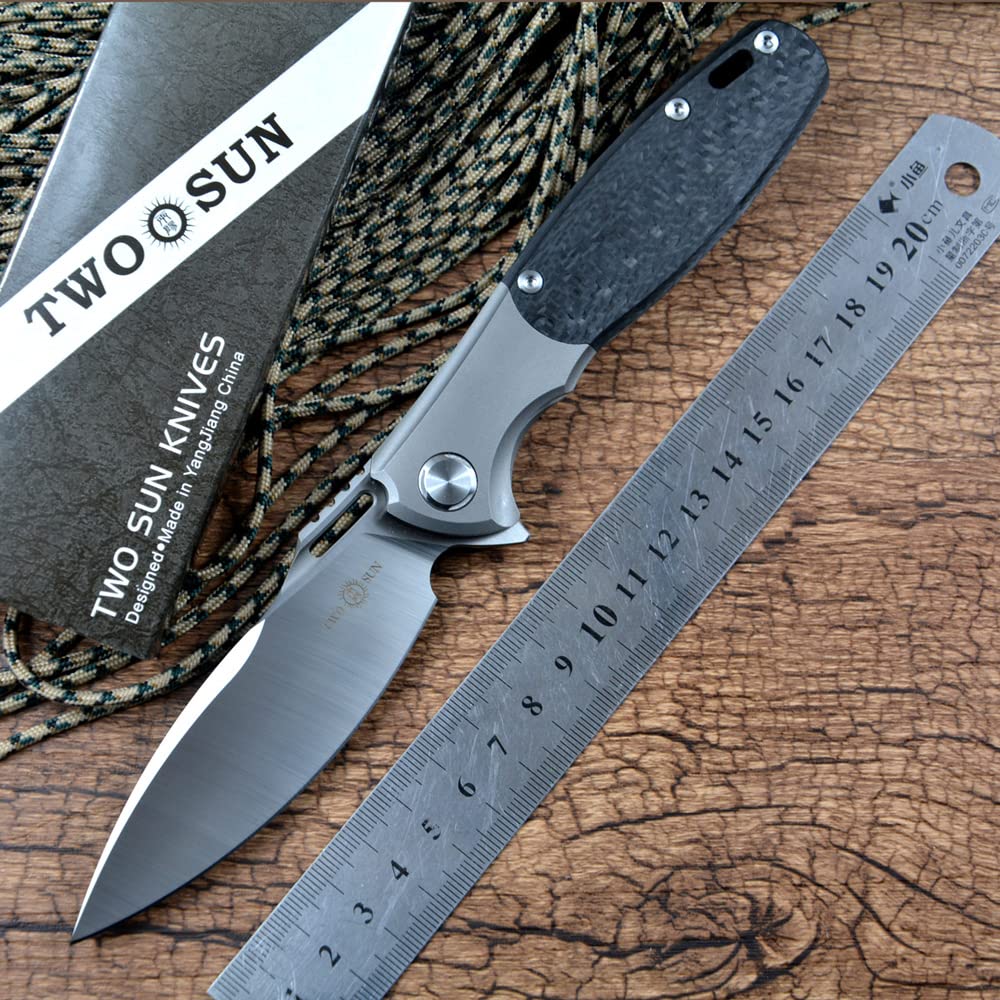 TWO SUN Pocket Knives M390 Blade Titanium Carbon Fiber Handle for Tactical Hunting Gift TS162