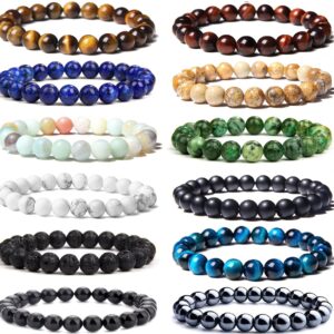 Svovin 12 Pcs 8mm Gemstones Beaded Bracelets for Men Women Semi-Precious Stone Stretch Round Bead Crystal Bracelets Unisex